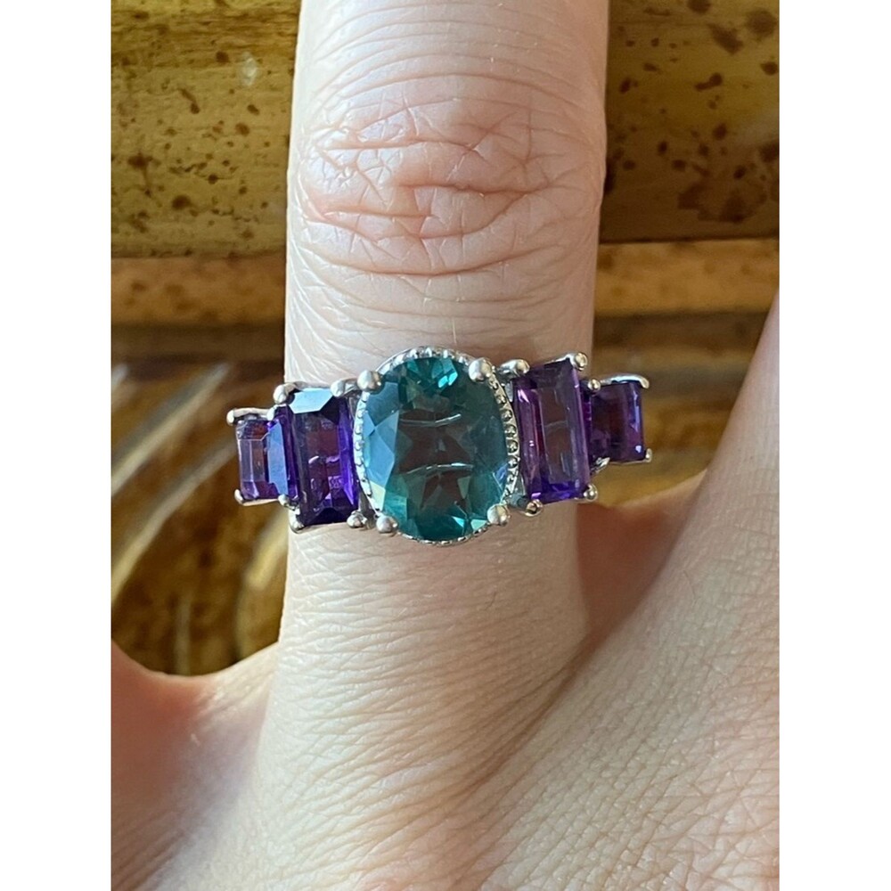 Genuine Teal Fluorite Amethyst Sterling Silver Ring Size 7